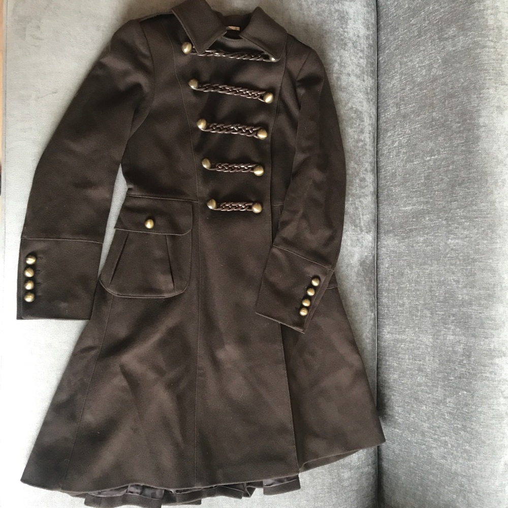 Burberry brown wool coat military style w pleats